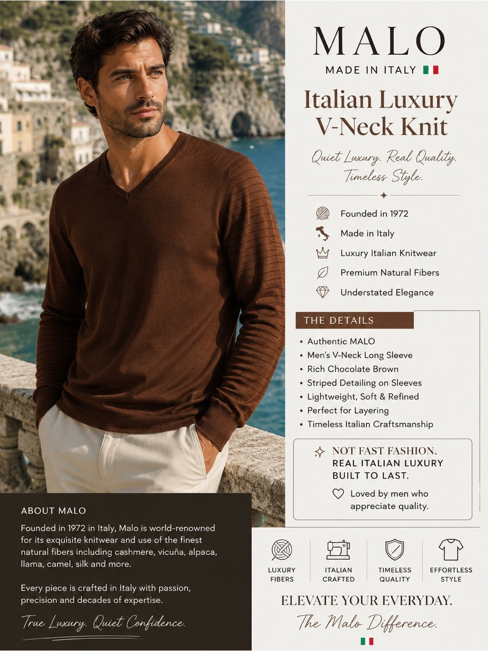 MALO | Made in Italy 🇮🇹 | Men’s V-Neck Long Sleeve | Rich Chocolate Brown | NWT